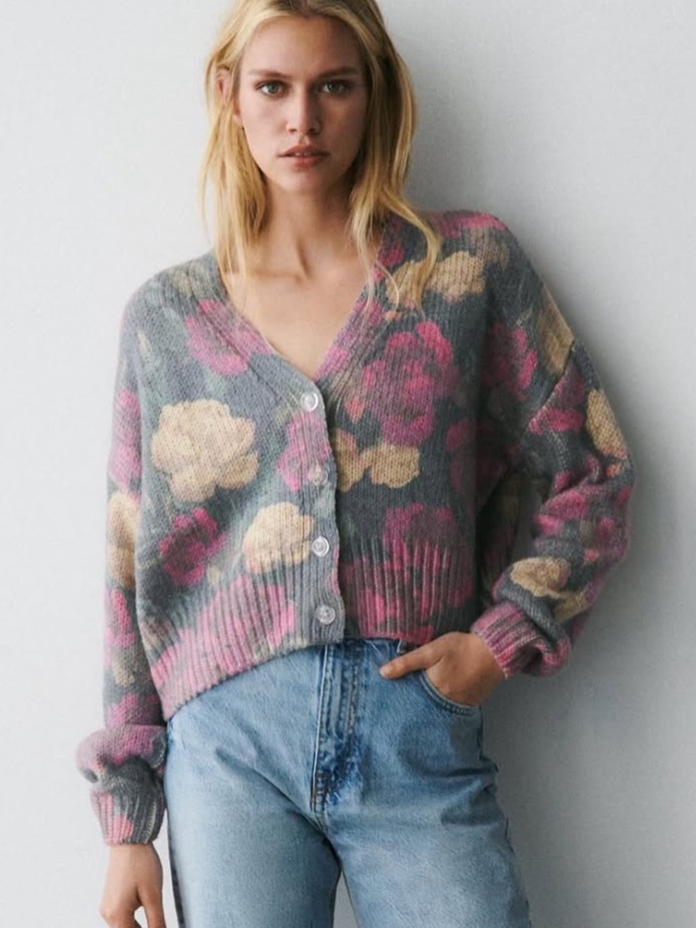 Zara Floral Knit Wool Cardigan Sweater